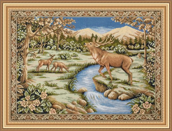 Набор для вышивания нитками Panna Золотая серия O-7489, Гобелен с оленями, 62х45 см