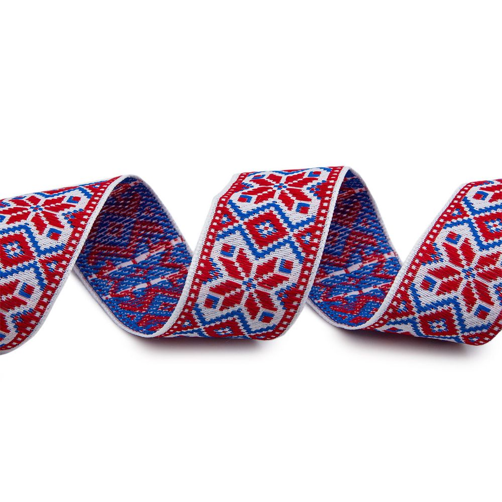 Лента (тесьма) жаккардовая 32.0 мм / 25±1 метров, рис.9624, (2 белый/красный/синий) С1853Г17