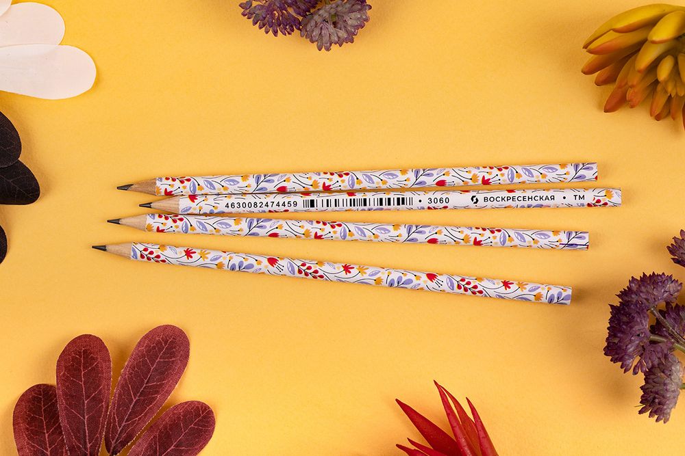 Карандаш чернографитный круглый заточенный ТМ (HB) 12 шт, 3060 Полевые цветы, ВКФ PR-12Д