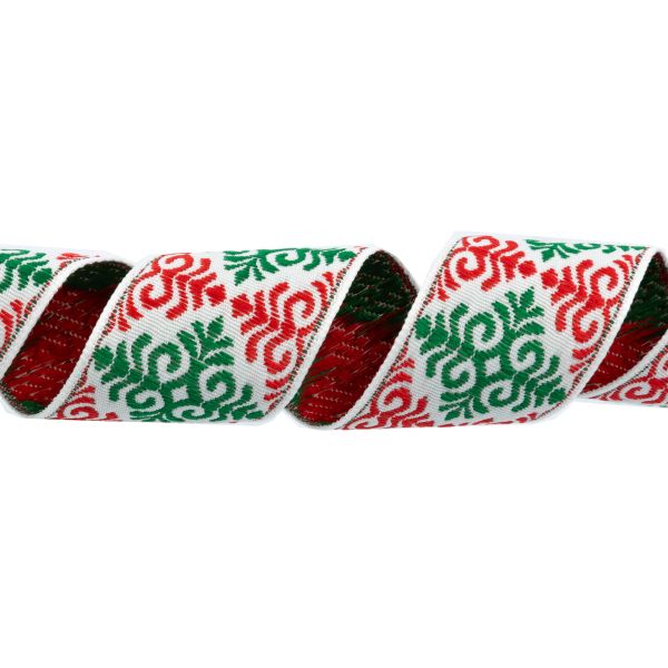 Лента (тесьма) жаккардовая 32.0 мм / 25 метров, Орнамент для северных народов, рис 9788 белый-зеленый-красный, Gamma С3774