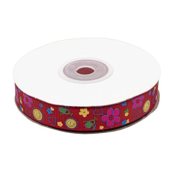 Лента репсовая (в рубчик) Сердечки и цветы 1,5см*22.86 м (красный)