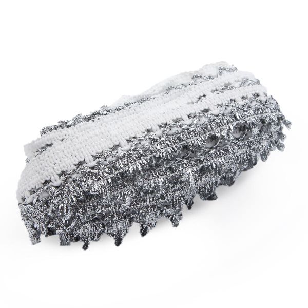 Тесьма отделочная вязаная 32мм / 10м (белый/серебро), С1438Г7