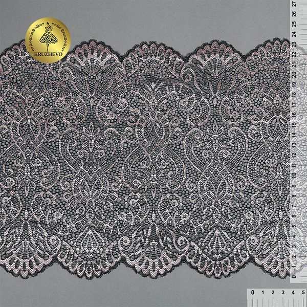 Кружево бельевое эластичное 225 мм / 3 м, TBY.40992, цв.L168 серебристый пион+черный, Kruzhevo