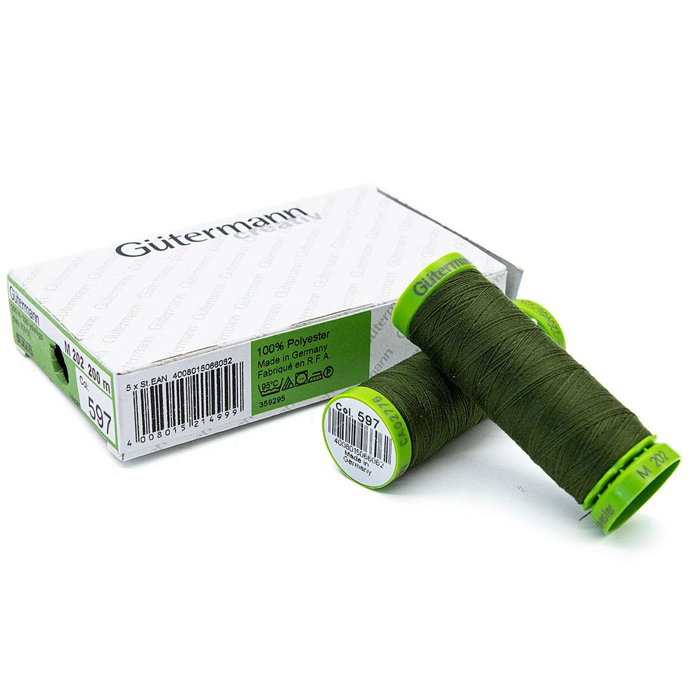 Нитки для тонких тканей Gutermann Extra Fine 150, 200м, 597 т.хаки, 5 катушек