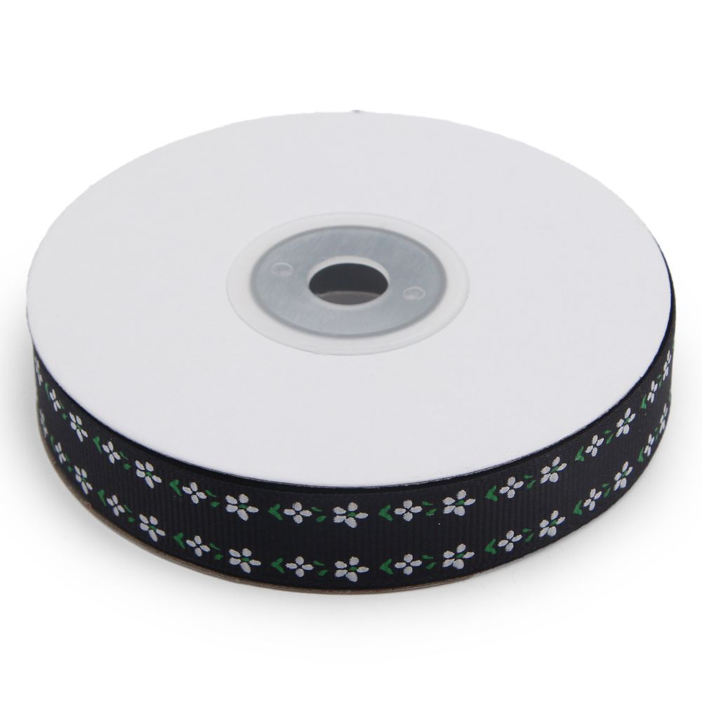 Лента репсовая (в рубчик) Цветочный орнамент 1,5см*22.86 м (черный)