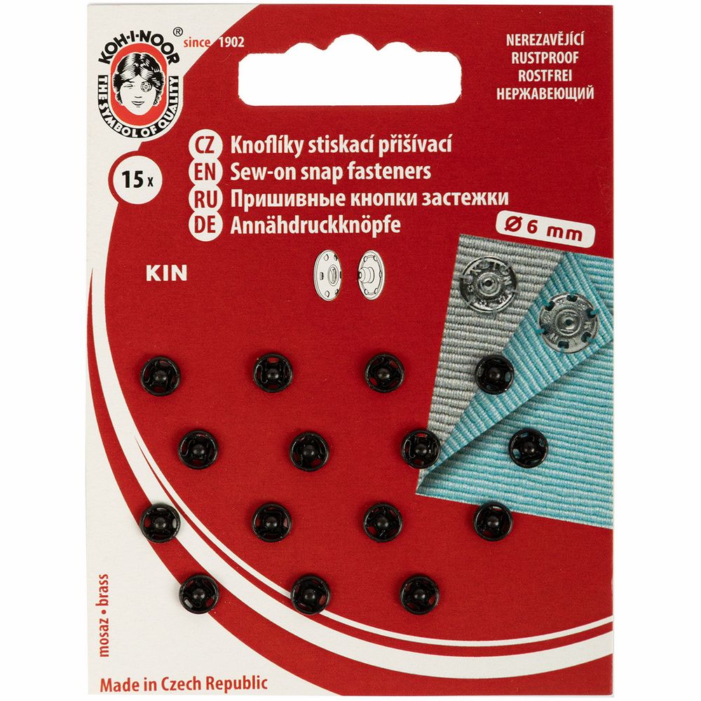 Кнопка пришивная металл ⌀6.0 мм, 15 шт, черный, KOH-I-NOOR 10 (KIN1000 №2/0)