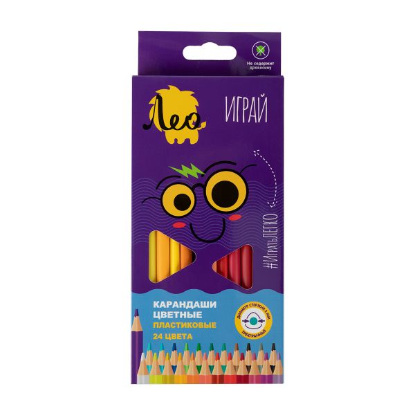 Карандаш цветной пластиковый трехгранный заточенный 24 цв, Лео LPPCP-24