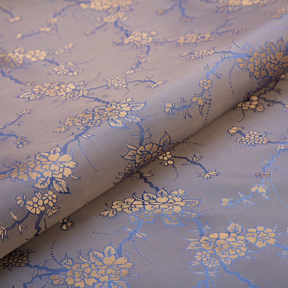 Ткань подкладочная (таффета) с рисунком 96 г/м², 100х145 см, 045 голубой с золотыми цветами, Gamma JTR