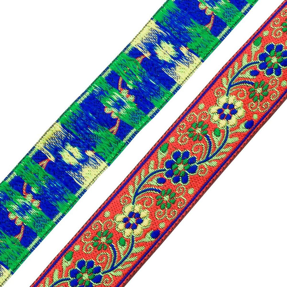 Лента (тесьма) жаккардовая 33.0 мм / 7 метров, оранжевый с цветами, 11823