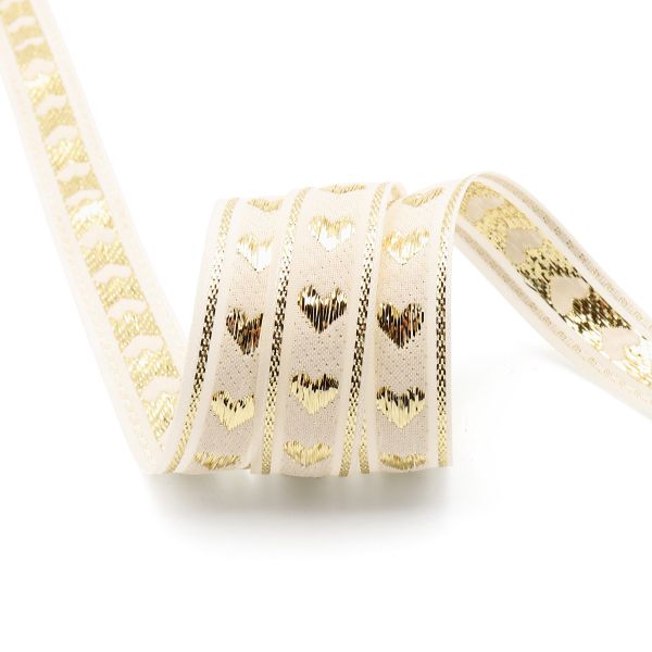 Тесьма декоративная металлизированная Сердечки 15 мм / 25 метров, 15005 белый/золото