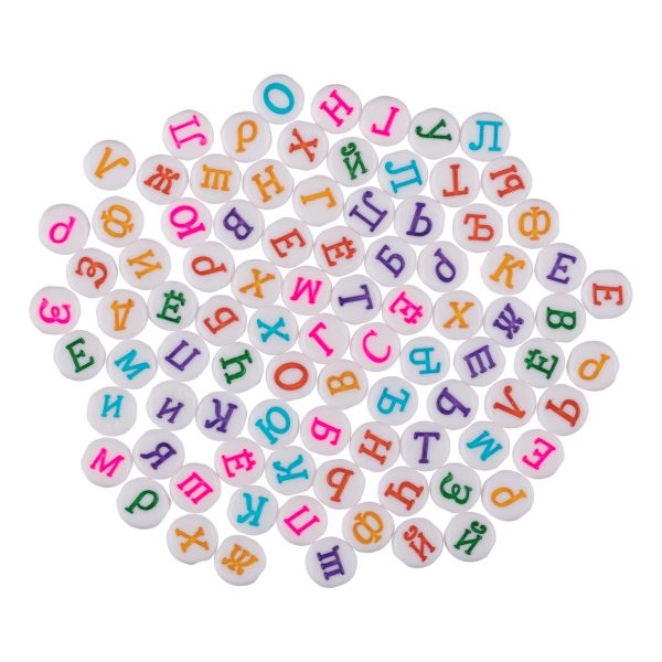 Бусины пластик 4х7 мм, 250 г (5х50 г), №01 белые с цветными буквами русский алфавит, Hobbius ABFA