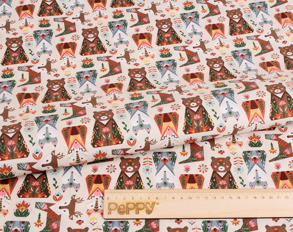 Ткань для пэчворка Peppy Лесные жители, рулон 112 см / 5 метров, ЛЖ-10 бежевый, Peppy