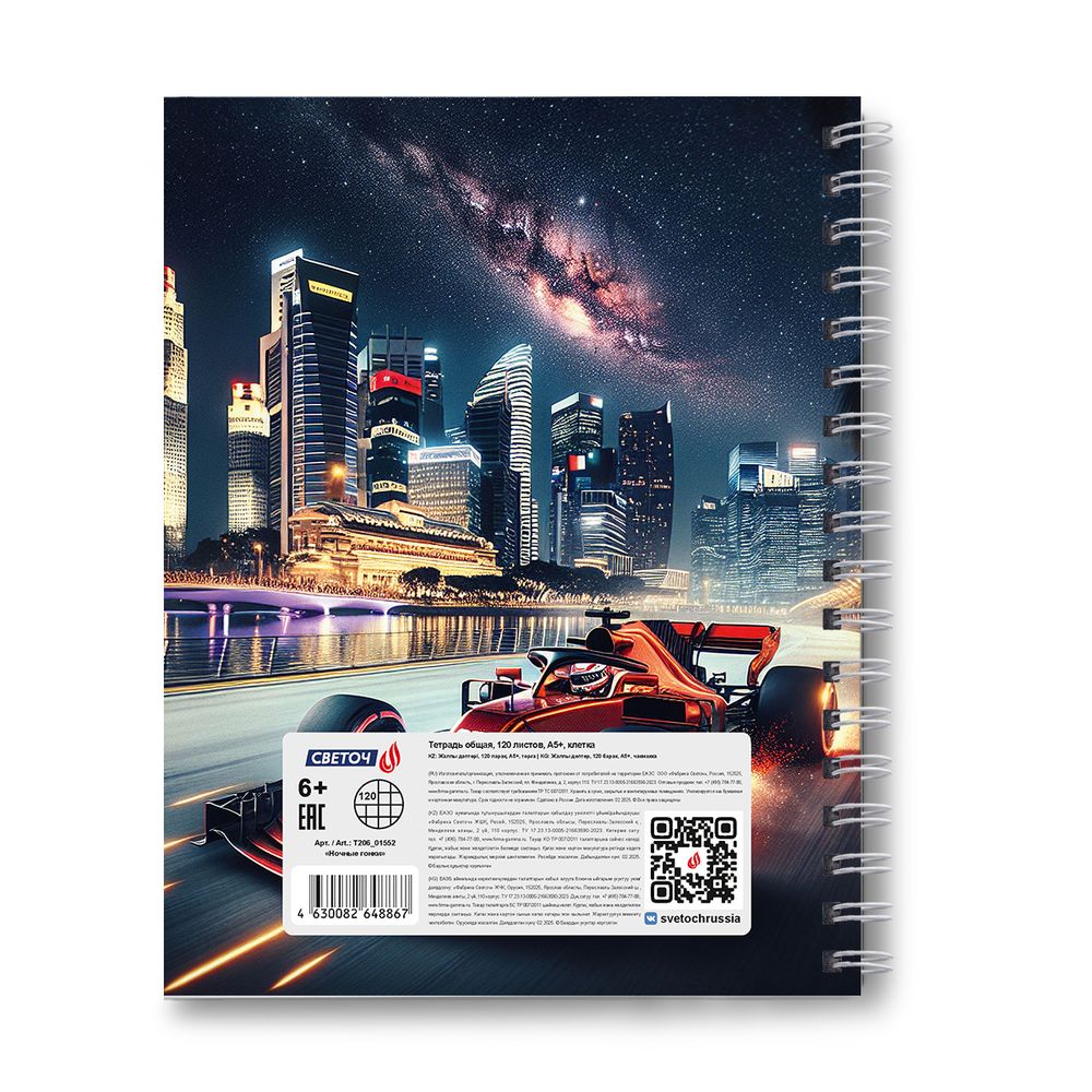 Тетрадь общая с твердой обложкой, глянцевая ламинация A5 120 л. на гребне 65 г/м², белизна 100% 4 шт клетка, 01552 Ночные гонки, Светоч Т206