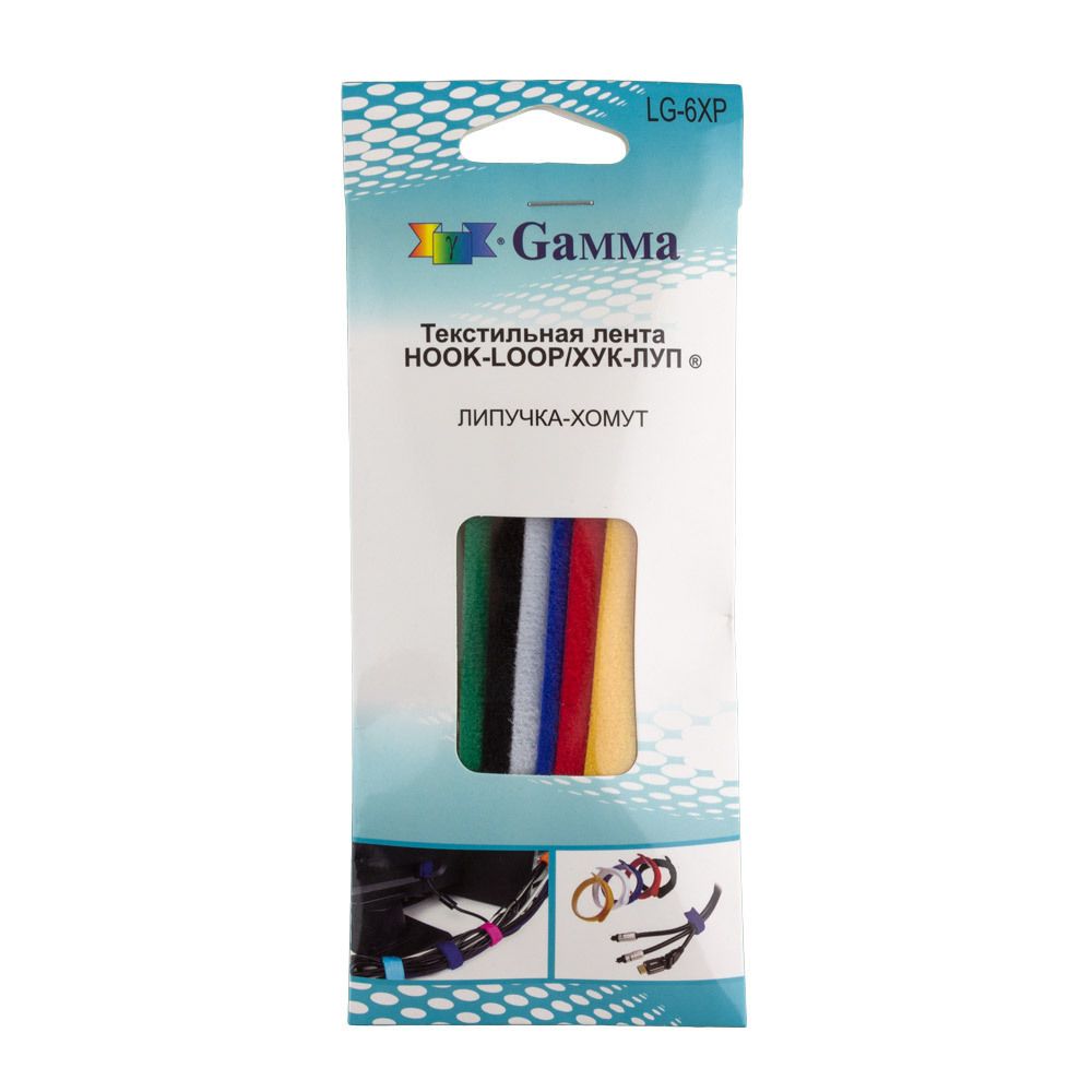 Лента контактная липучка хомут (велкро) 12 мм, 6 шт, ассорти, Gamma LG-6XP, качество "A"
