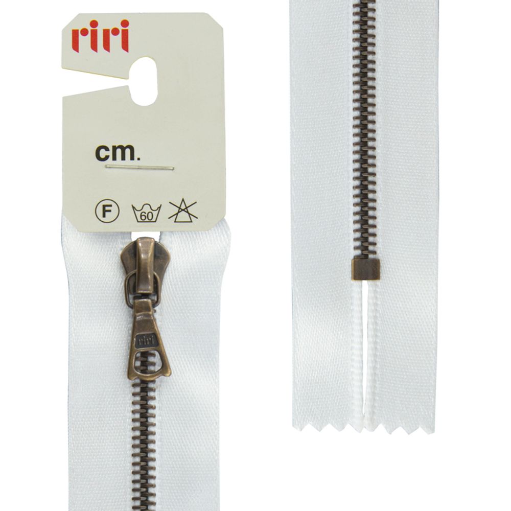 Молния металлическая RIRI Т4 (4 мм) AM, н/раз., атлас. тесьма, 18 см, цв. тесьмы 2101, белый, упак. 5 шт