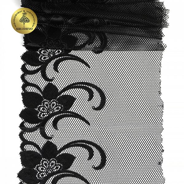 Кружево на сетке (вышитое) арт.T101 245мм цв.черный уп.6м, Kruzhevo