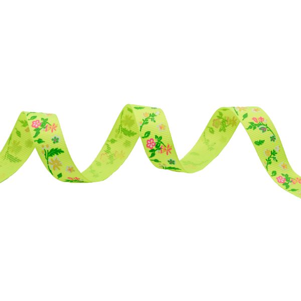 Лента репсовая (в рубчик) Цветочки маленькие 1,5см*22.86 м (желтый неон)