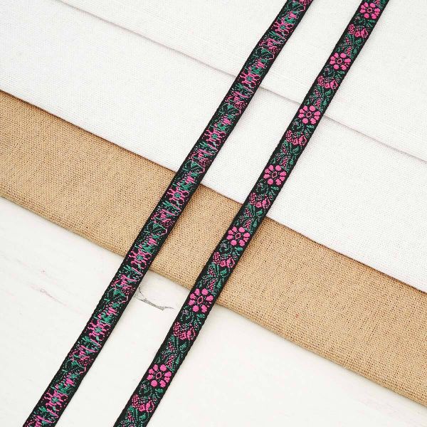 Лента (тесьма) жаккардовая 10.0 мм / 20.12 метра, черный/цикламен, 1172