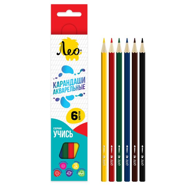 Карандаш акварельный в наборе заточенный 8х6 цв, Лео LNSWP-06
