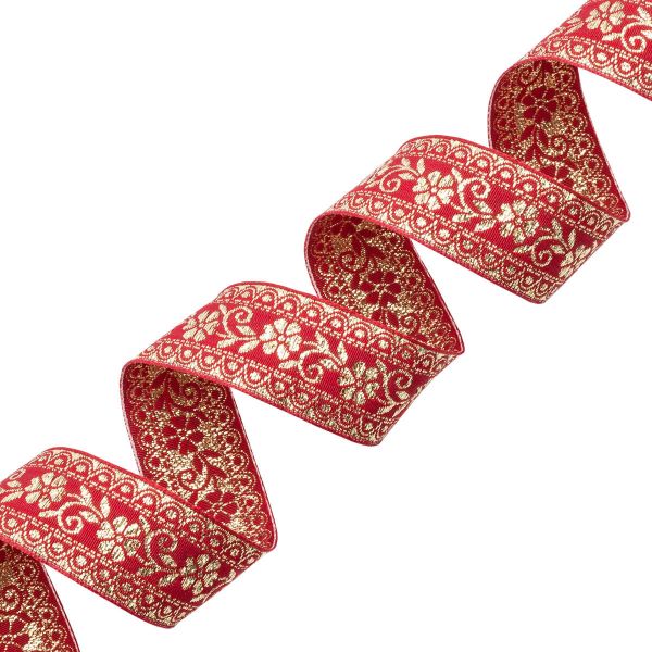 Лента (тесьма) жаккардовая 32.0 мм / 25±1 метров, с метанитом рис. 9842, красный/золото, С3104Г17