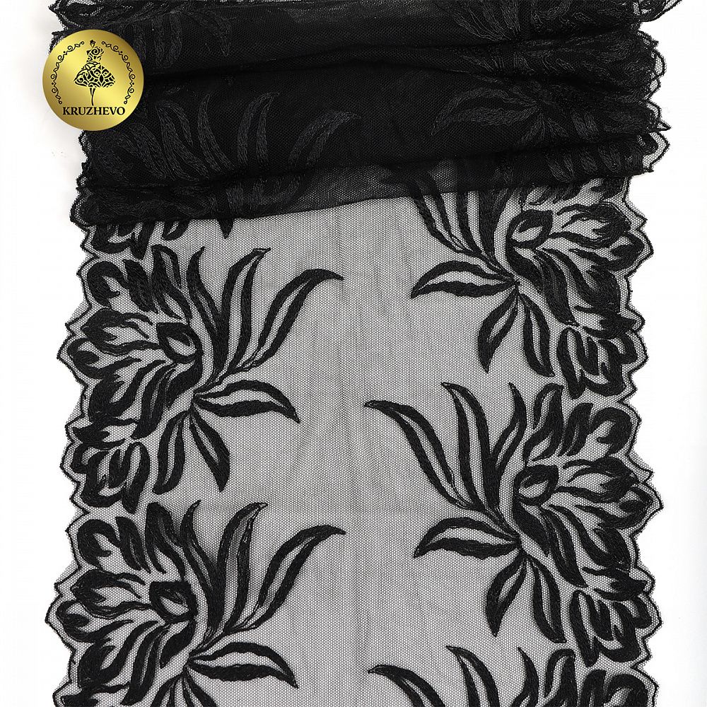 Кружево на сетке (вышитое) арт.T98 245мм цв.черный уп.7м, Kruzhevo