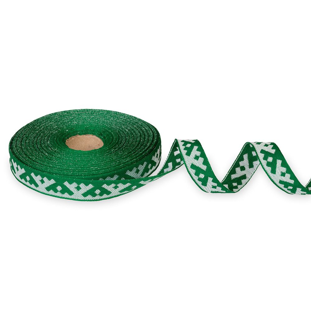 Лента (тесьма) жаккардовая 18.0 мм / 25±1 метров, Орнамент для северных народов, рис 6753 зеленый-белый, Gamma С3771