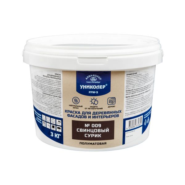 Краска для деревянных фасадов и интерьеров 4.18 л, № 009 Свинцовый сурик, Униколер FFW-3
