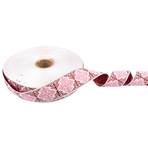 Лента (тесьма) жаккардовая 32.0 мм / 25 метров, Орнамент для северных народов, рис 9788 белый-бордовый-розовый, Gamma С3774