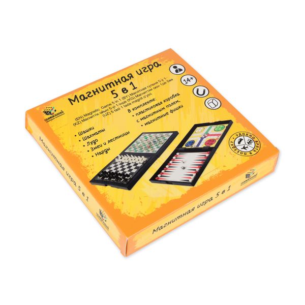 Игра настольная магнитная 5в1 Шашки, шахматы, лудо, змеи и лестницы, нарды, Delfbrick DLN-03