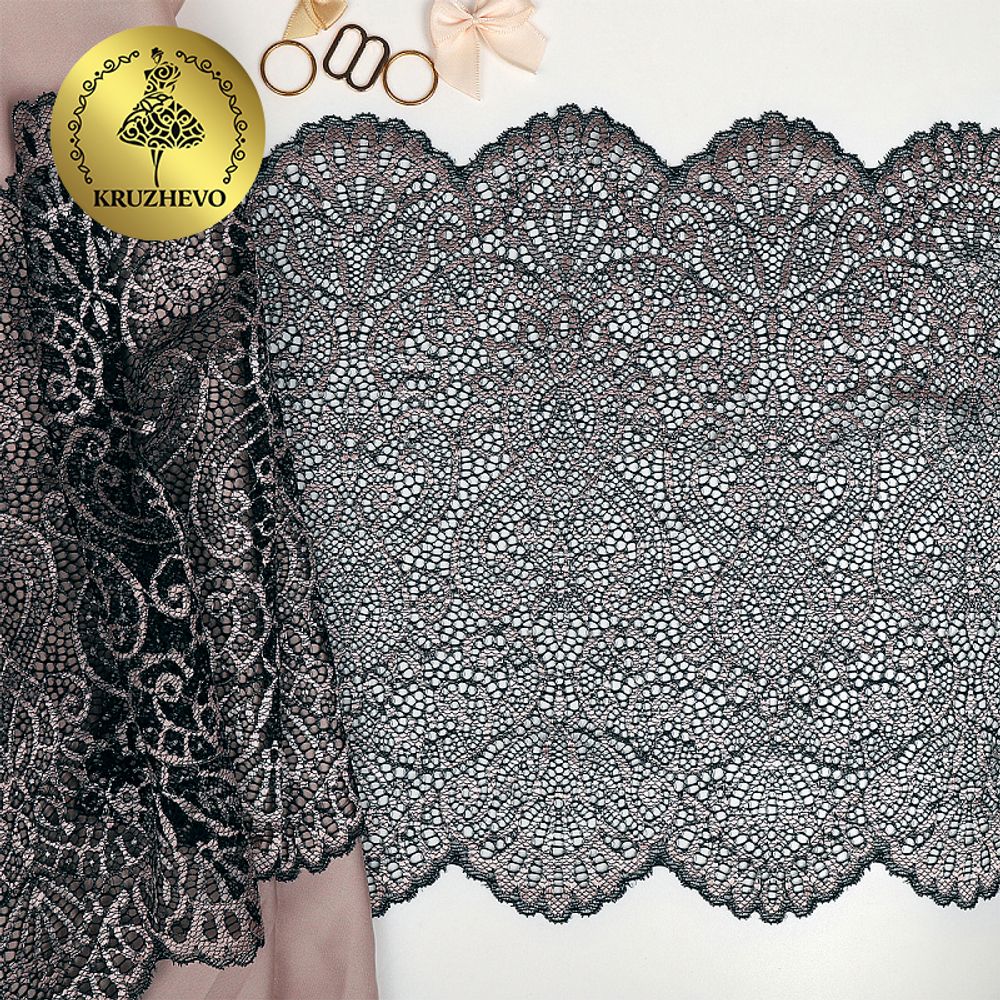 Кружево бельевое эластичное 240 мм / 120 м, Premium 40992, цв.168 серебристый пион+черный, Kruzhevo