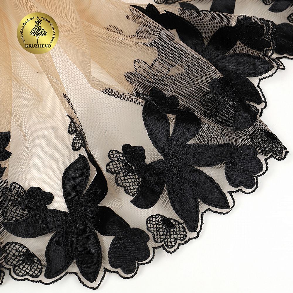 Кружево на сетке (вышитое) 270мм цв.телесный+чёрный, левая, 6,75м, Kruzhevo