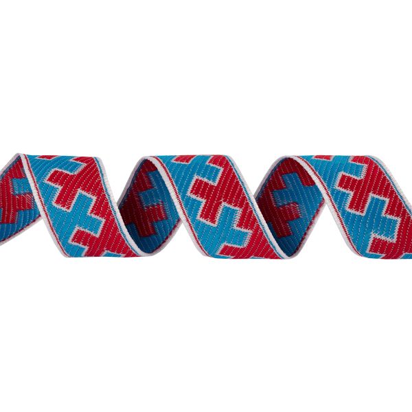 Лента (тесьма) жаккардовая 24.0 мм / 25±1 метров, рис.9591, Орнаменты и узоры народов севера, белый-красный-бирюзовый, Gamma С3772Г17 рис.9591