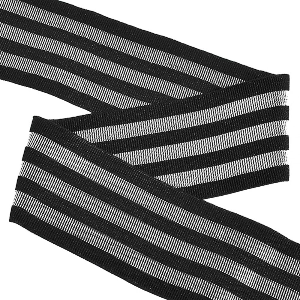 Резинка декоративная в рубчик с тремя полосками 50 мм, черный/серебро, 25м