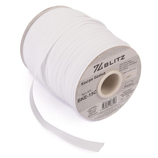 Косая бейка хлопковая 15 мм / 132±1 метра, белый 001, Blitz BKE-15C