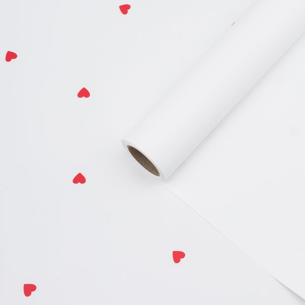 Пленка упаковочная для цветов и подарков Сердечки, 65 мкр, 58см / 10м ± 5% (VH2559 белый с красными сердечками)