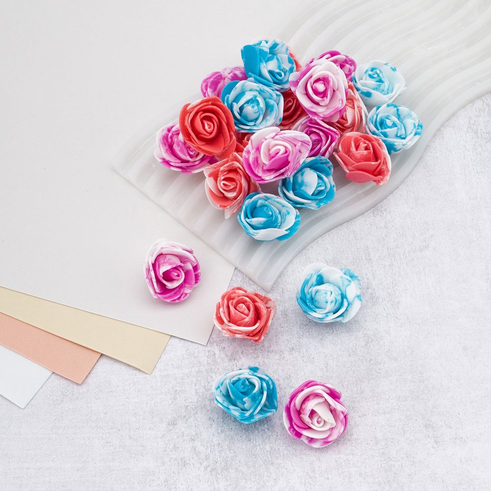 Цветочек-розочка мраморная из фоамирана 38 мм, микс №12, 3 цвета, 24 шт