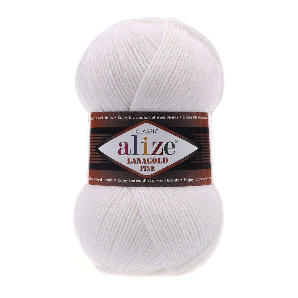 Пряжа Alize (Ализе) Lana Gold Fine / уп.5 мот. по 100 г, 390м, 055 белый A