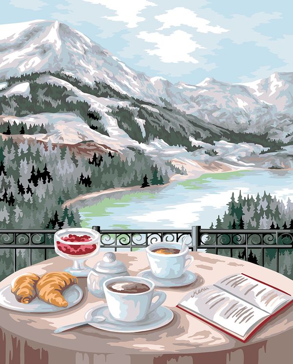 Картина по номерам Фрея PNB/PLC-257, Завтрак с видом на горы, (цветной холст) 50х40 см