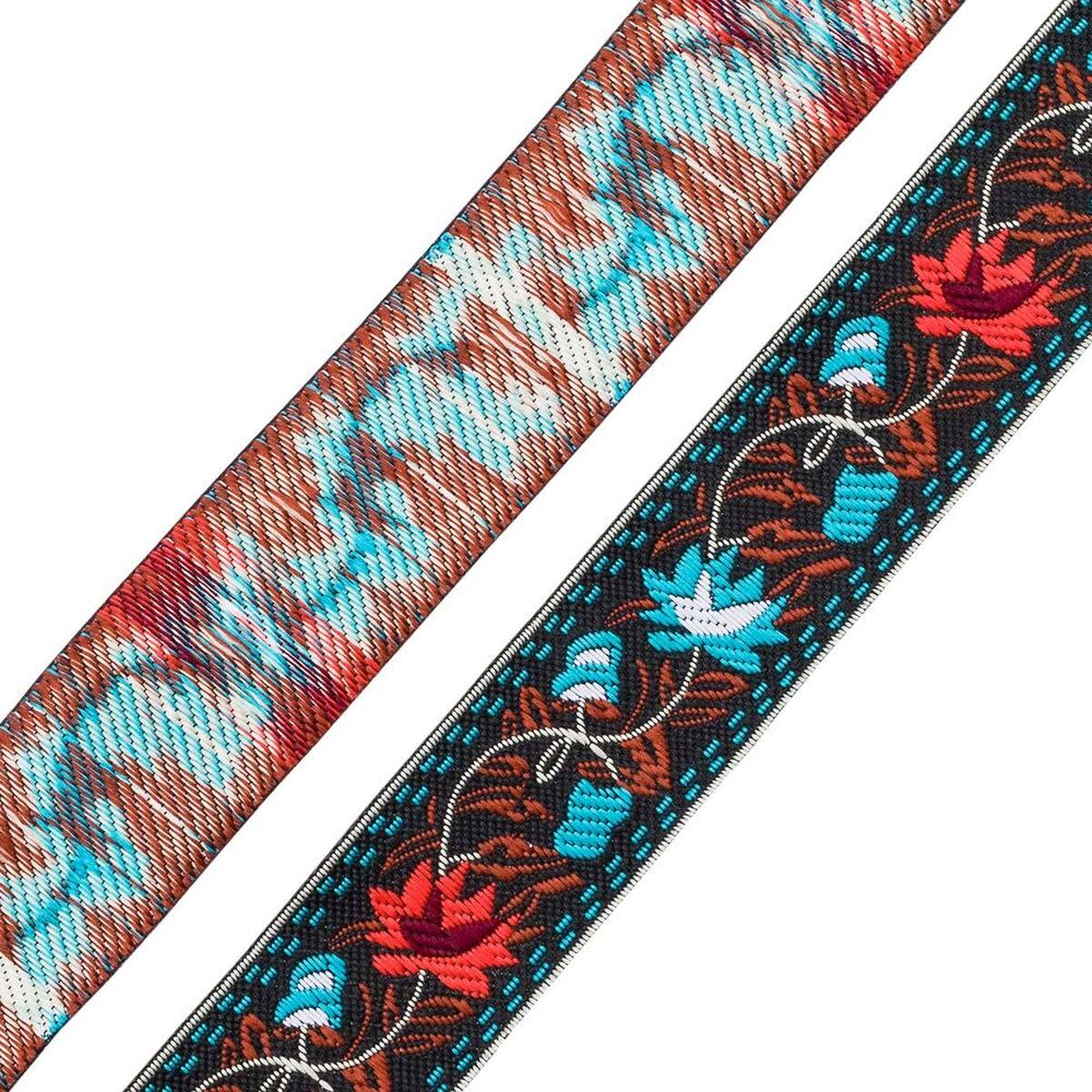 Лента (тесьма) жаккардовая 33.0 мм / 7 метров, алые/голубые цветы, 11820