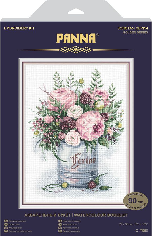 Набор для вышивания нитками Panna, Золотая серия, Акварельный Букет, 27х35 см