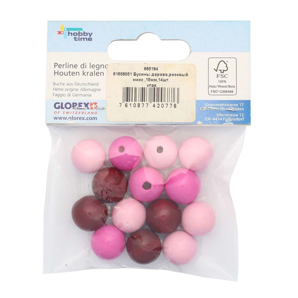 Бусины дерево розовый микс, 15 мм, 14 шт, Glorex /TOS/