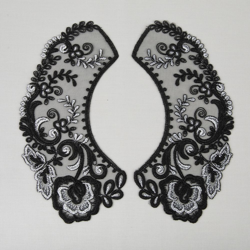 Пришивной кружевной воротник 100 мм, на сетке, 5 пар, Турция, черный/под серебро, Gamma VKRM-27-03