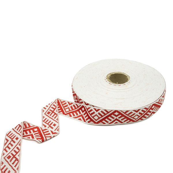 Лента (тесьма) жаккардовая 24.0 мм / 25±1 метров, Славянский орнамент Оберег, рис.9467 белый/красный, С3772Г17