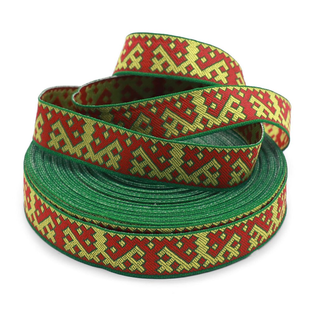 Лента (тесьма) жаккардовая 24.0 мм / 25±1 метров, Орнаменты и узоры народов севера, рис. 9685 (5 зеленый/желтый/красный) С3772Г17