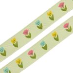 Лента репсовая (в рубчик) Тюльпаны, 15 мм, 3м, зеленый