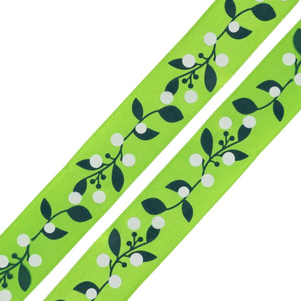 Лента атласная с рисунком 25.0 мм / 3 метра, Ягодная ветвь (зеленый), Globus