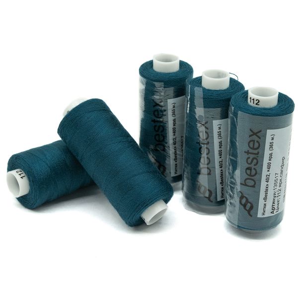Нитки швейные бытовые Bestex 40/2, 365 м (400 ярд) / 10 кат., 112 зелено-синий