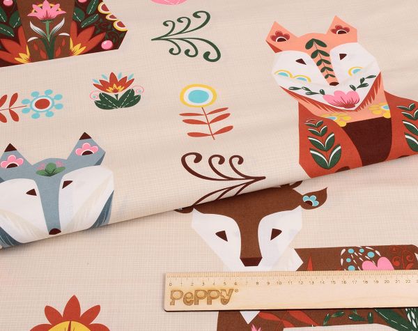 Ткань для пэчворка Peppy Лесные жители, рулон 112 см / 5 метров, ЛЖ-01 Панель бежевый, Peppy