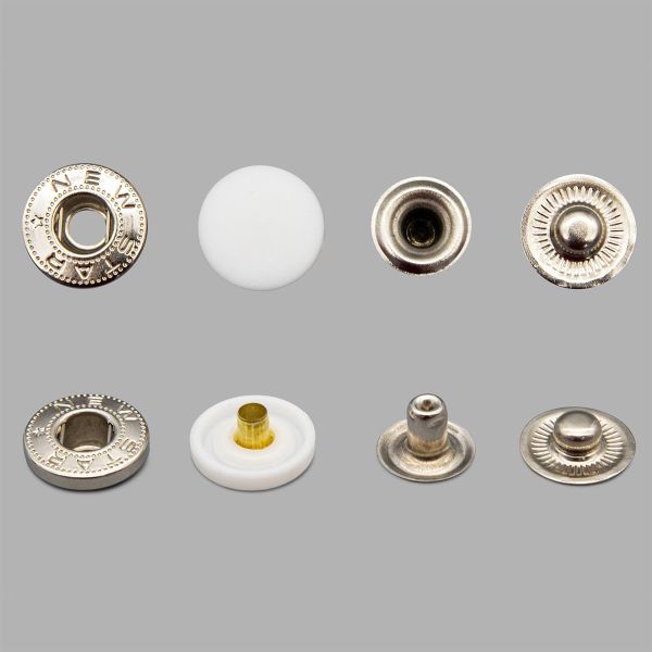 Кнопка Альфа (S-образная) ⌀15.0 мм, ≈72 шт, шляпка пластик + отв.части МЕТАЛЛ, 101 белый + отв.части никель, NEW STAR