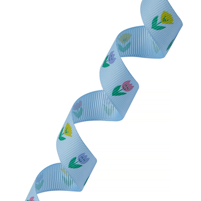 Лента репсовая (в рубчик) Тюльпаны, 15 мм, 22,5м (голубой)